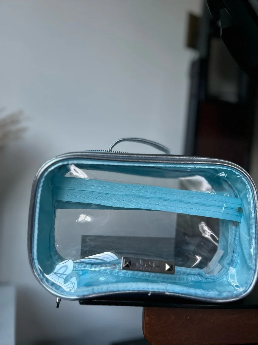 Nicole miller nyc Clear Travel Cosmetic Case with Light Blue Trim